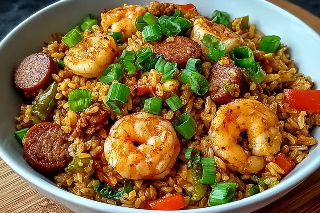 Shrimp Sausage Dirty Rice served in a bowl with Cajun-seasoned shrimp, sausage slices, peppers, and green onions