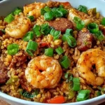 Shrimp Sausage Dirty Rice served in a bowl with Cajun-seasoned shrimp, sausage slices, peppers, and green onions