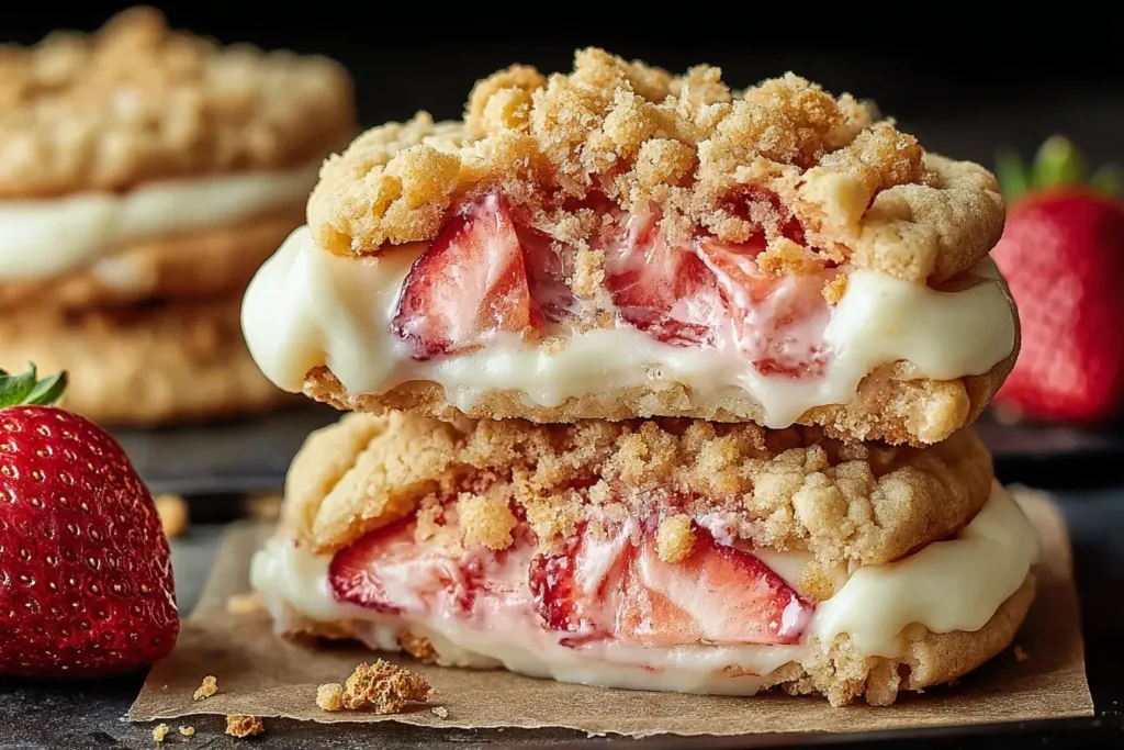 Close-up of Strawberry Crunch Cheesecake Stuffed Cookies split open, revealing creamy cheesecake filling and fresh strawberry pieces.