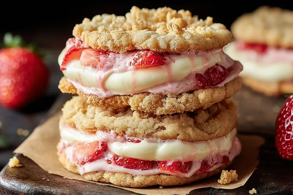 Strawberry Crunch Cheesecake Stuffed Cookies with creamy cheesecake filling and fresh strawberries between golden crunchy cookies.