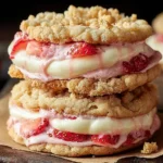 Strawberry Crunch Cheesecake Stuffed Cookies with creamy cheesecake filling and fresh strawberries between golden crunchy cookies.