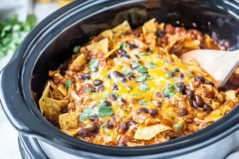 Crockpot Chicken Enchilada Casserole with melted cheese, black beans, and tortilla chips in a slow cooker.