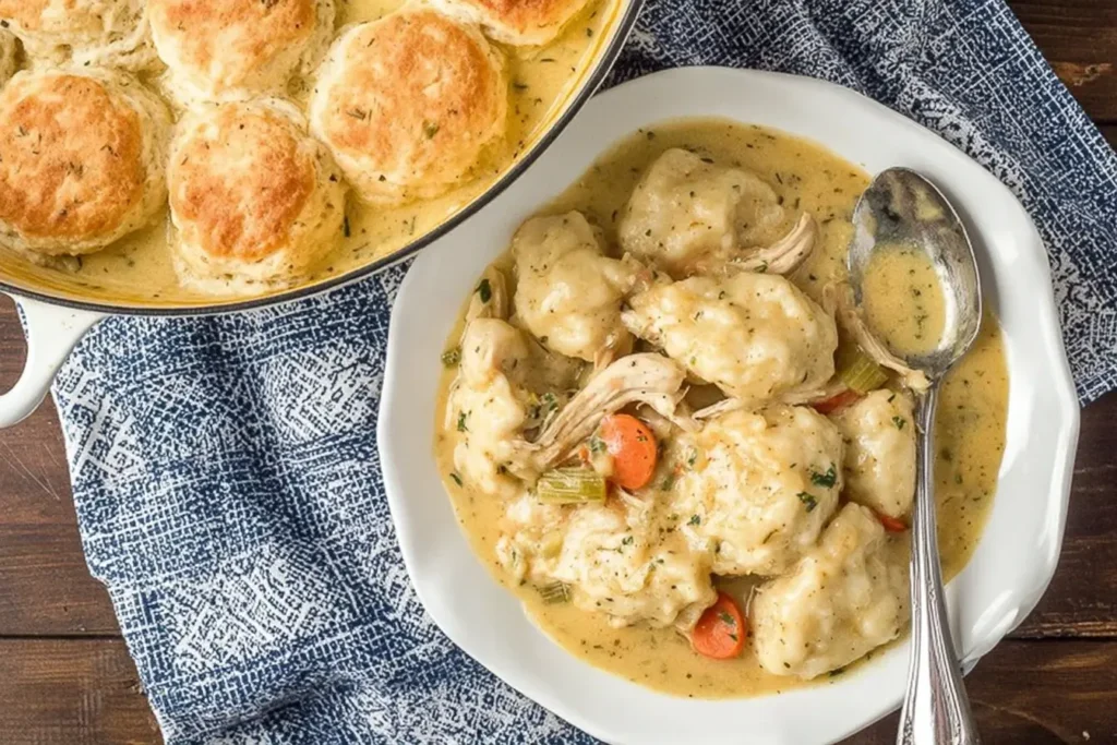 Chicken and Dumplings with biscuits served in a bowl and pot, featuring creamy sauce and vegetables