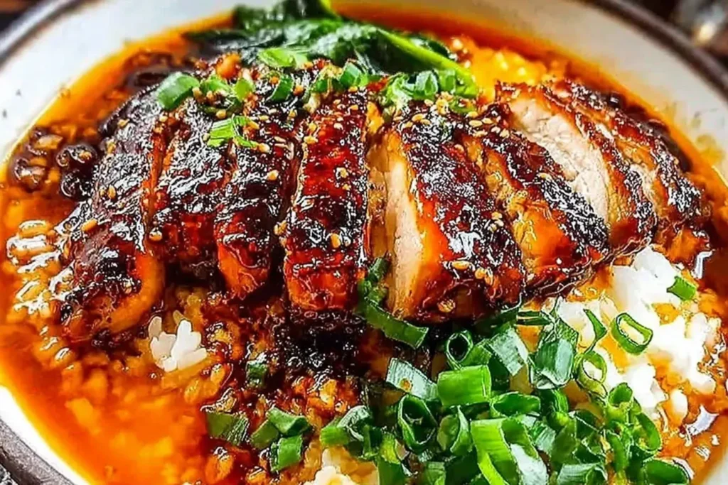 Caramelised Soy Chicken in Garlic Ginger Broth with Rice served over jasmine rice, topped with green onions and a rich glossy sauce