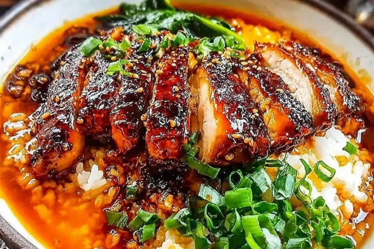 Caramelised Soy Chicken in Garlic Ginger Broth with Rice served over jasmine rice, topped with green onions and a rich glossy sauce