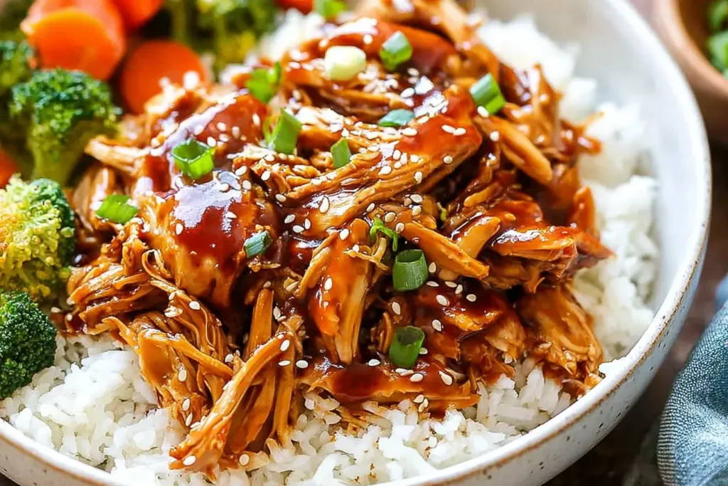 Slow cooker Teriyaki Chicken served on white rice, garnished with sesame seeds and green onions, with broccoli and carrots on the side.