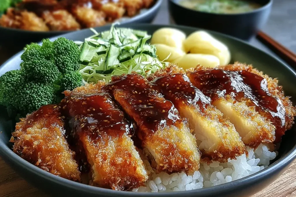 Crispy chicken served over rice with tonkatsu sauce in Japanese Katsu Bowls with Tonkatsu Sauce.