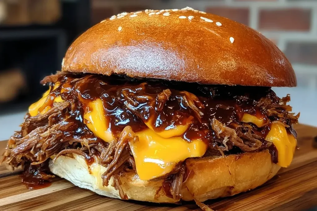 Pulled Beef Sandwich loaded with juicy shredded beef, melted cheese, and rich barbecue sauce on a sesame bun.