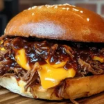 Pulled Beef Sandwich loaded with juicy shredded beef, melted cheese, and rich barbecue sauce on a sesame bun.