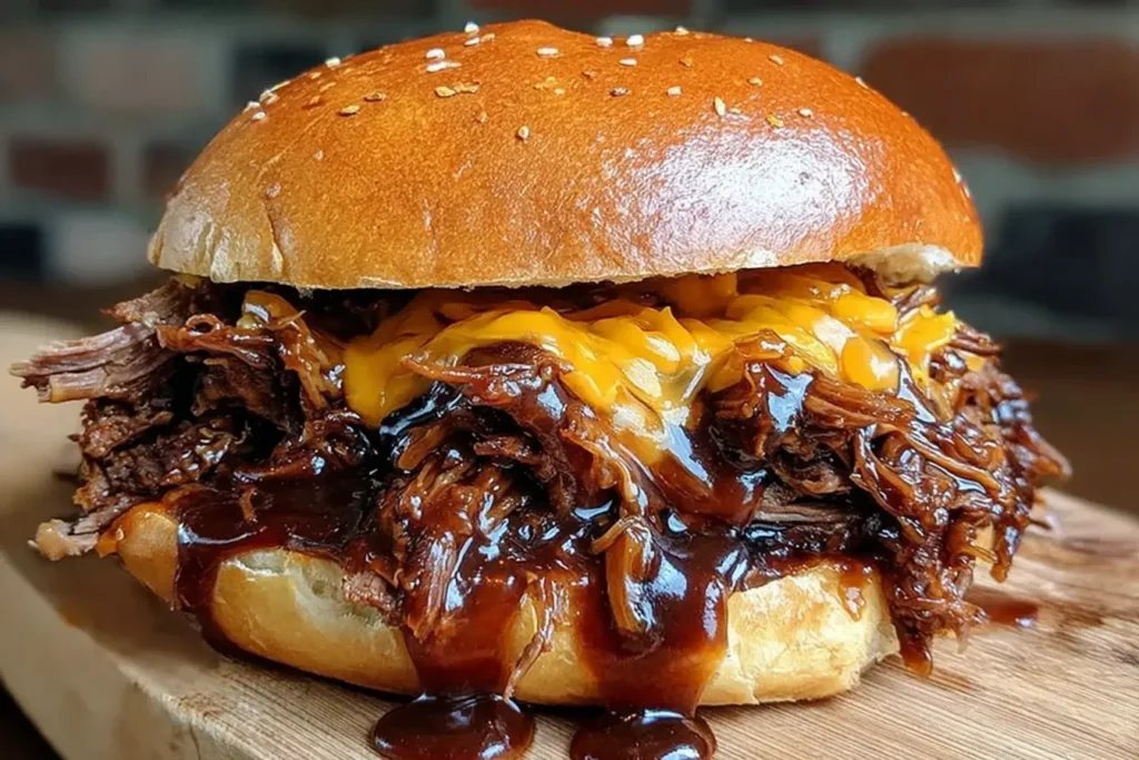 Pulled Beef Sandwich overflowing with shredded beef, melted cheddar cheese, and rich barbecue sauce on a toasted sesame bun.