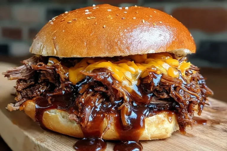Pulled Beef Sandwich overflowing with shredded beef, melted cheddar cheese, and rich barbecue sauce on a toasted sesame bun.