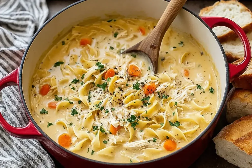 Creamy Chicken Noodle Soup with shredded chicken, carrots, and egg noodles in a red pot, served alongside crusty bread.