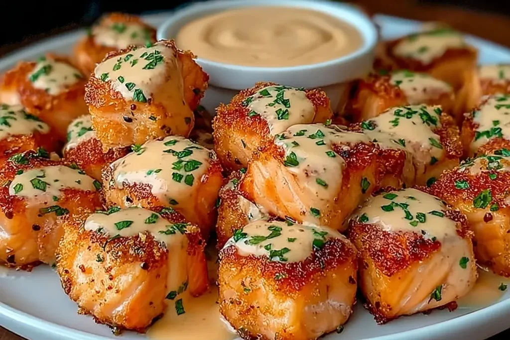Close-up of Crispy Bang Bang Salmon Bites drizzled with sauce and garnished with herbs, served with dipping sauce