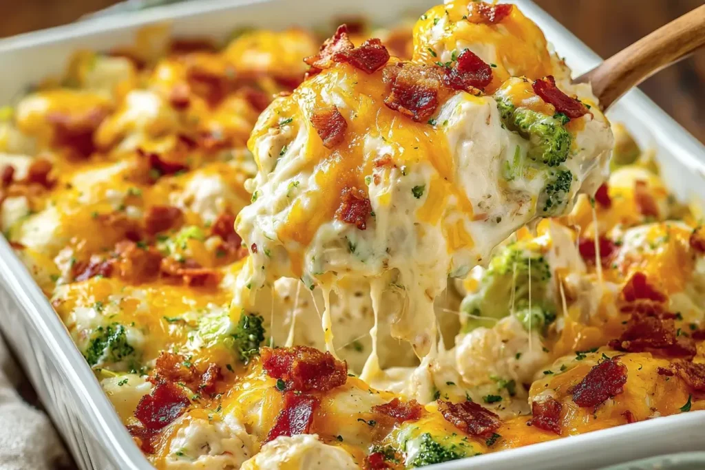 Spoonful of cheesy Low Carb Chicken Casserole with broccoli and crispy bacon being lifted from a baking dish