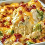 Spoonful of cheesy Low Carb Chicken Casserole with broccoli and crispy bacon being lifted from a baking dish