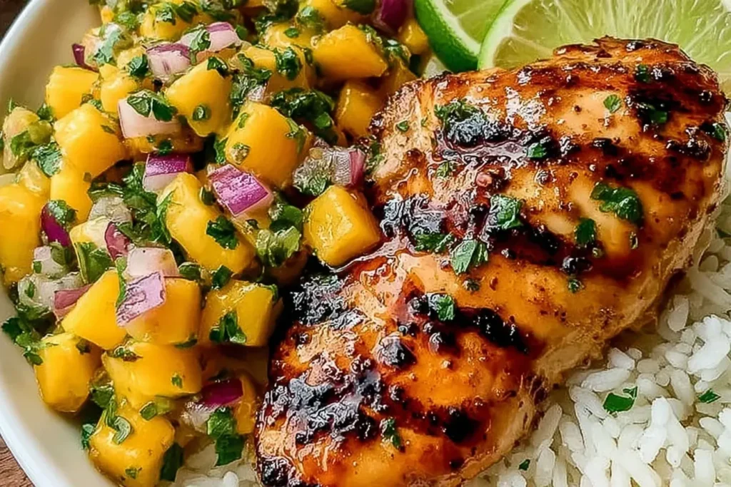 Honey Lime Chicken with Mango Salsa served over white rice with fresh lime slices.