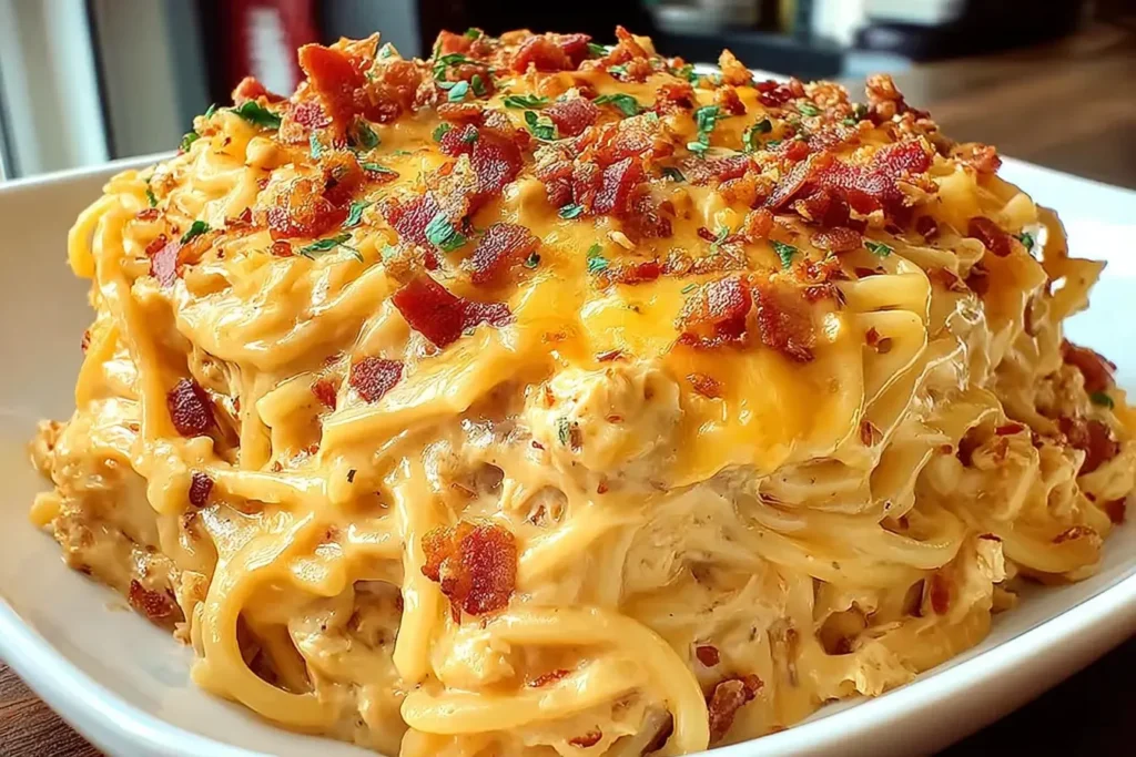 Spicy Southern Cheesy Chicken Spaghetti Casserole with melted cheddar and crispy bacon in a white serving dish.
