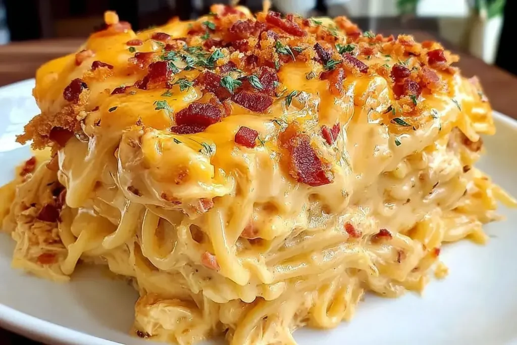 A close-up slice of Spicy Southern Cheesy Chicken Spaghetti Casserole topped with crispy bacon and melted cheddar cheese.