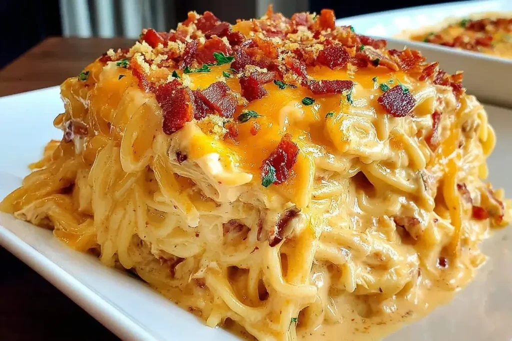 A hearty slice of Spicy Southern Cheesy Chicken Spaghetti Casserole topped with crispy bacon and melted cheddar cheese on a white plate.