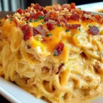 A hearty slice of Spicy Southern Cheesy Chicken Spaghetti Casserole topped with crispy bacon and melted cheddar cheese on a white plate.
