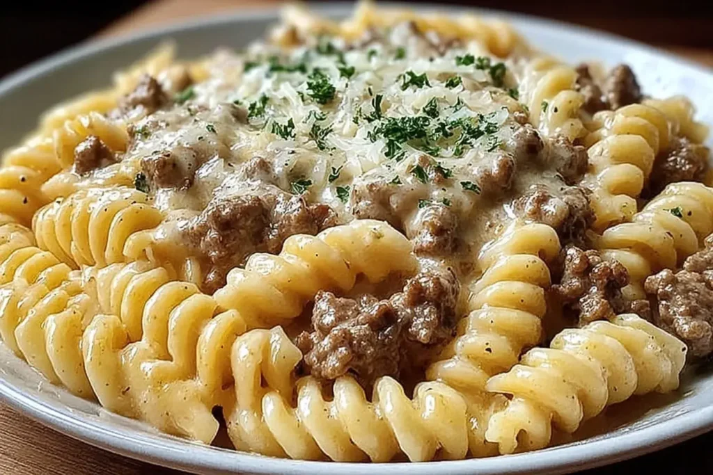 Beef and Rotini in Garlic Parmesan Sauce served on a plate, showcasing creamy sauce and tender ground beef over rotini pasta.