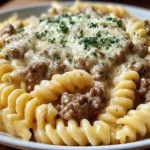 Beef and Rotini in Garlic Parmesan Sauce served on a plate, showcasing creamy sauce and tender ground beef over rotini pasta.