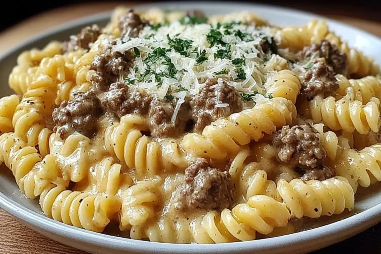 Close-up of Beef and Rotini in Garlic Parmesan Sauce with ground beef, creamy sauce, and parsley garnish on a plate.