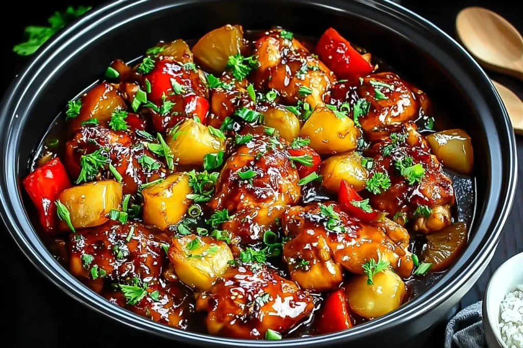 Sweet Hawaiian Crockpot Chicken simmered with pineapple chunks, bell peppers, and savory sauce in a black slow cooker.