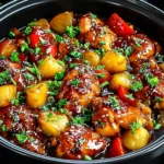 Sweet Hawaiian Crockpot Chicken simmered with pineapple chunks, bell peppers, and savory sauce in a black slow cooker.