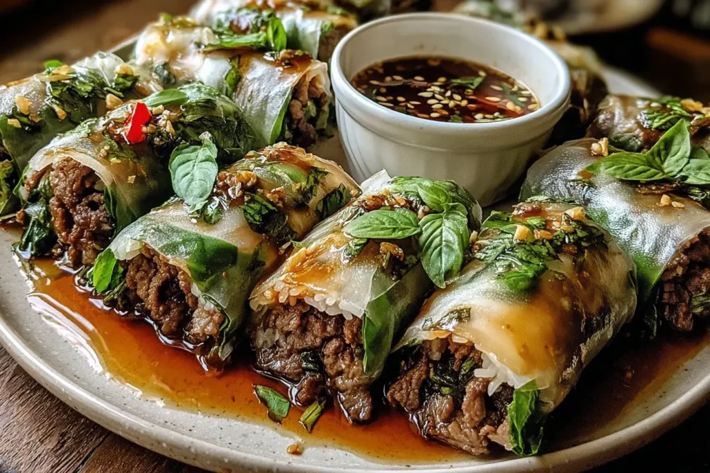 Thai Basil Beef Rolls served with dipping sauce, filled with tender beef, basil, and fresh herbs on a white plate.