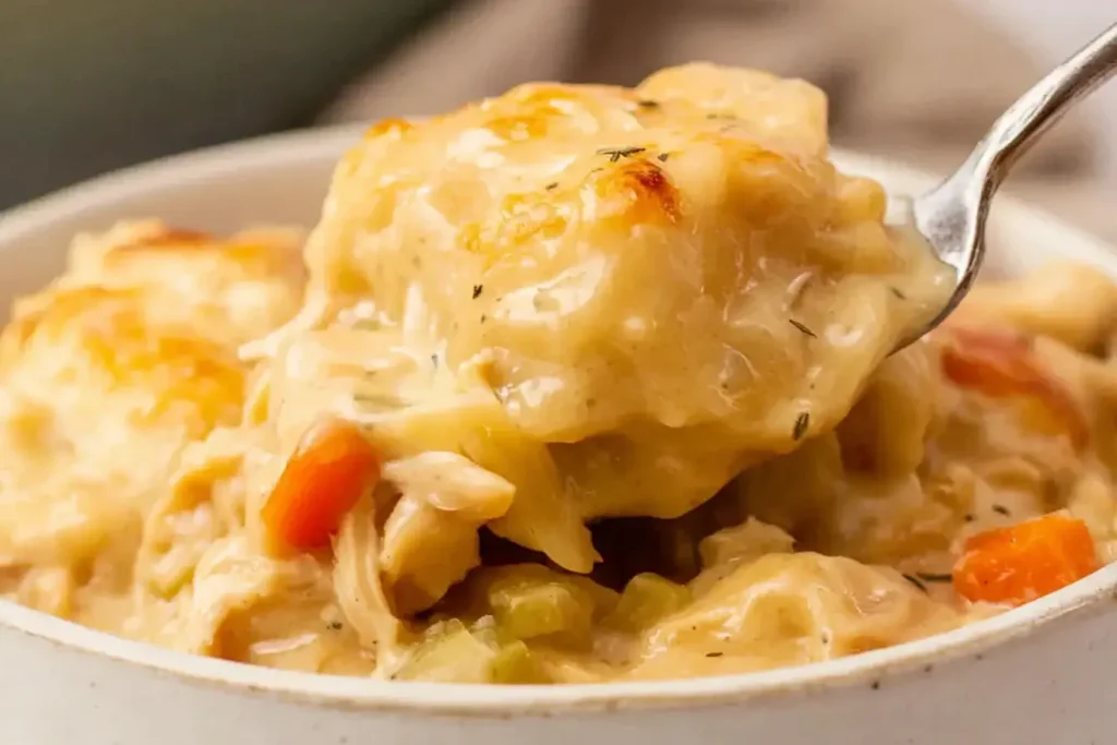Creamy Chicken and Dumplings with biscuits, vegetables, and rich sauce in a spoonful