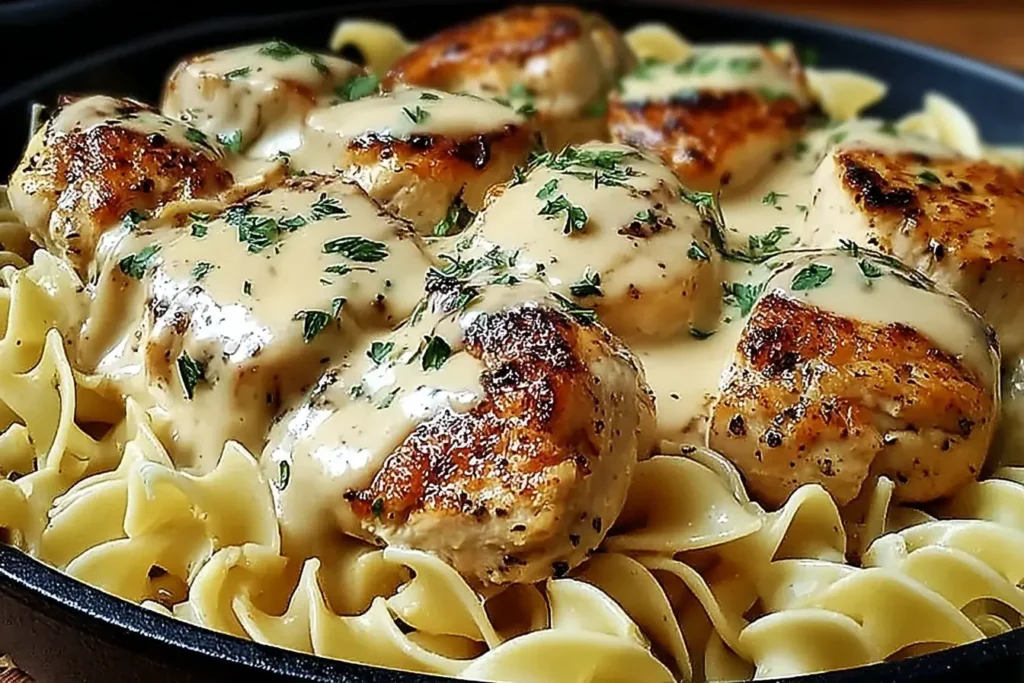 Close-up of One Pan Chicken with Buttered Noodles topped with creamy garlic sauce and parsley