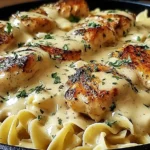 One Pan Chicken with Buttered Noodles in a skillet topped with creamy sauce and fresh parsley