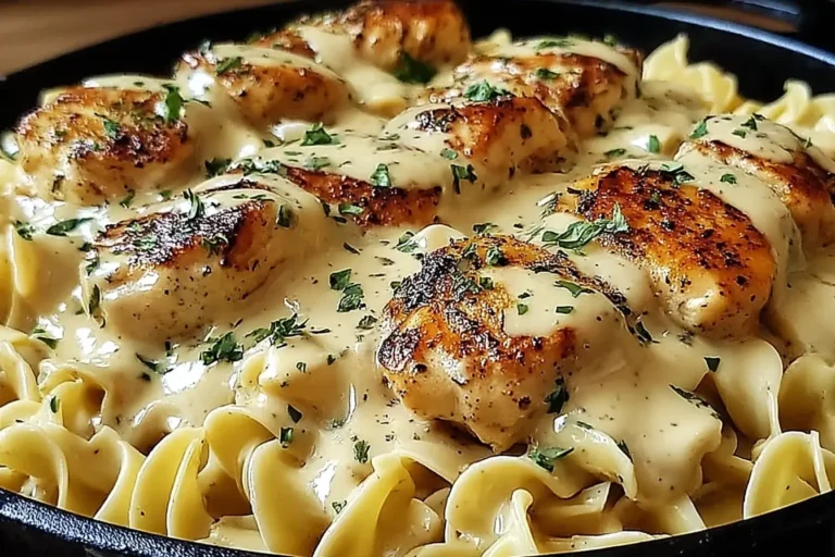 One Pan Chicken with Buttered Noodles in a skillet topped with creamy sauce and fresh parsley