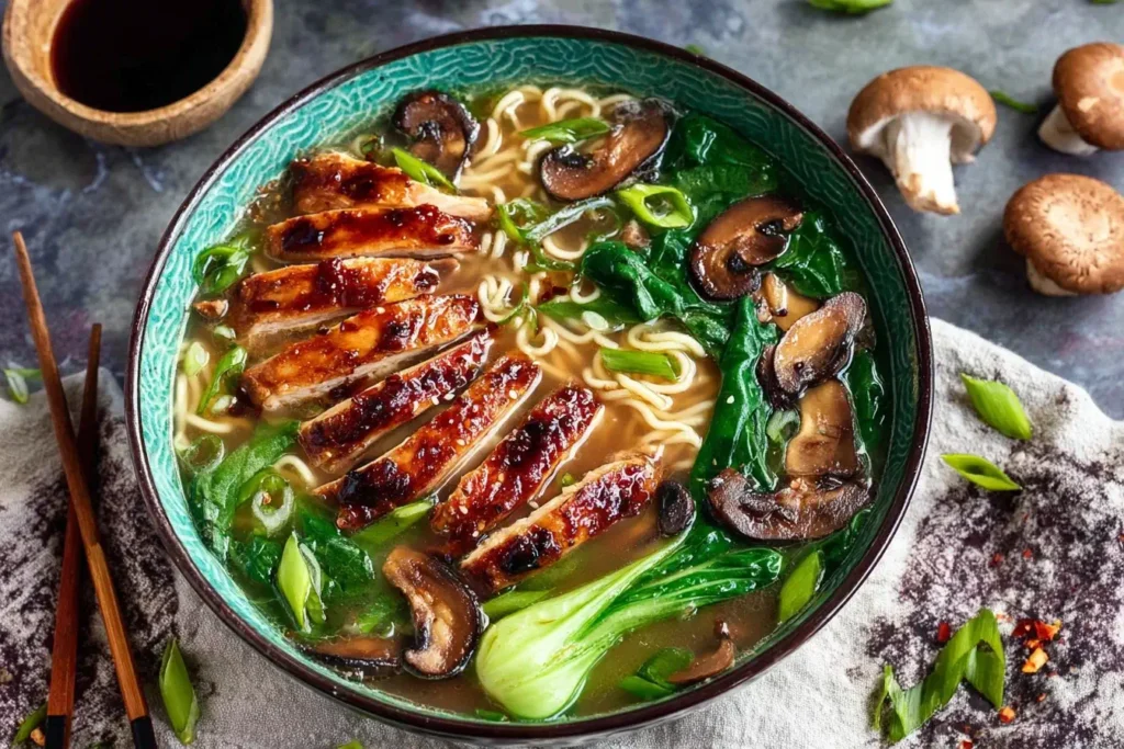 A bowl of Ginger Glazed Chicken Ramen with sliced glazed chicken, mushrooms, spinach, and noodles in a flavorful broth.
