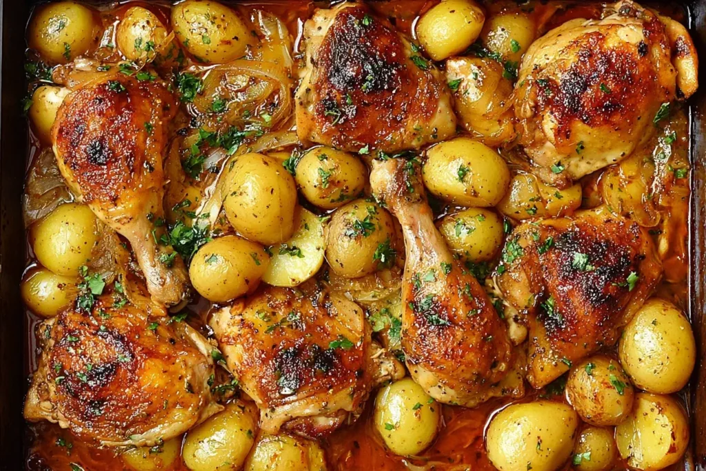 Golden roasted One Pan Chicken And Potatoes with crispy skin, baby potatoes, and fresh parsley in a savory lemon-garlic sauce.