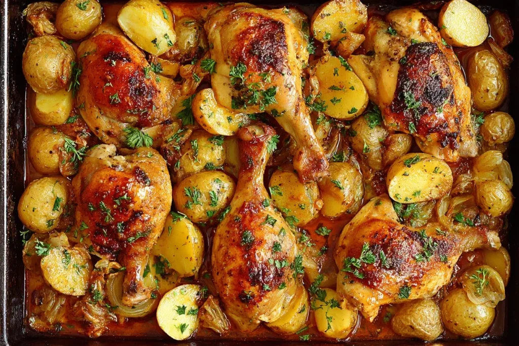 Baked One Pan Chicken And Potatoes with golden crispy chicken, roasted baby potatoes, and fresh parsley in a savory sauce.