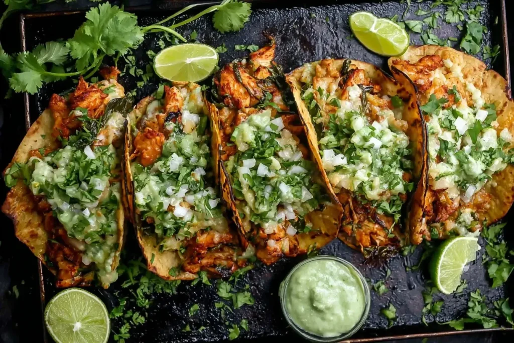 Crispy Poblano Chicken Tacos topped with avocado-jalapeño salsa, onions, and cilantro, served with lime wedges and extra salsa on a tray.