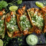 Crispy Poblano Chicken Tacos topped with avocado-jalapeño salsa, onions, and cilantro, served with lime wedges and extra salsa on a tray.