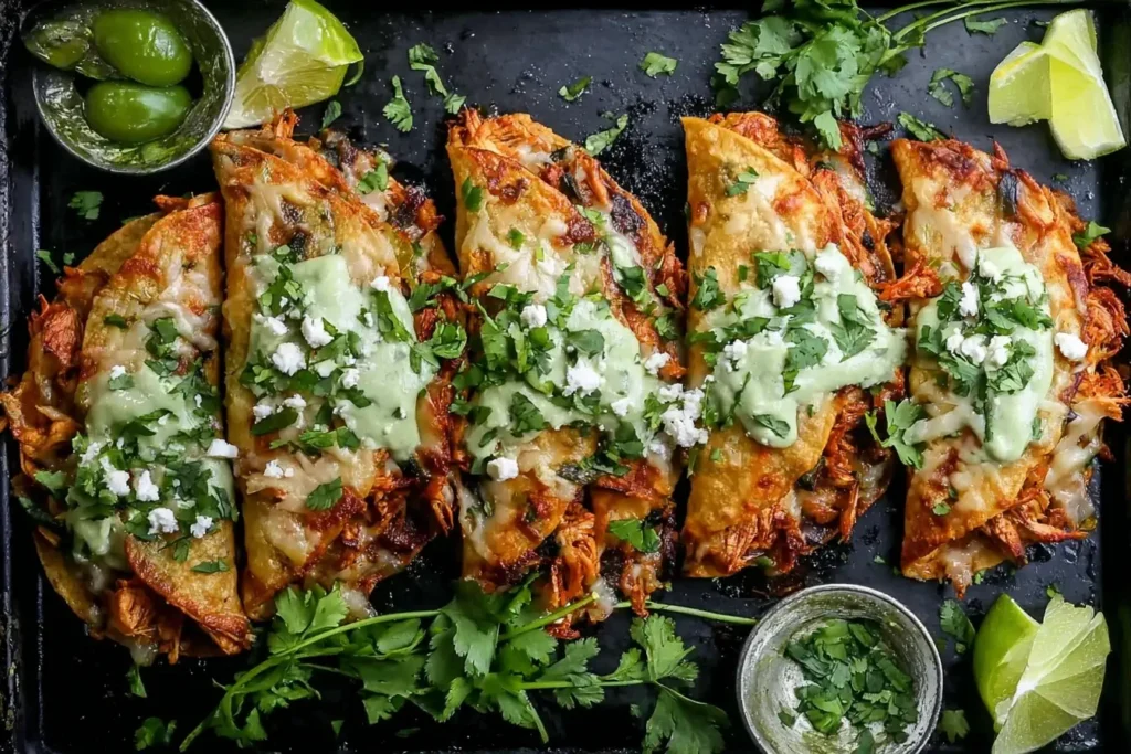Crispy Poblano Chicken Tacos topped with avocado-jalapeño salsa, melted cheese, and fresh cilantro on a black tray with lime wedges.