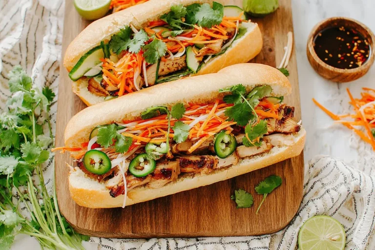 Grilled chicken Banh Mi Sandwich with pickled vegetables, fresh cilantro, jalapeños, and cucumber on a crusty baguette.