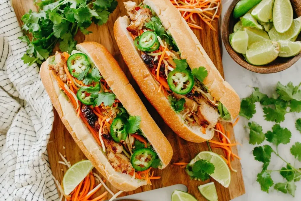 Grilled chicken Banh Mi Sandwich topped with pickled carrots, fresh cilantro, jalapeños, and lime wedges on a wooden board.