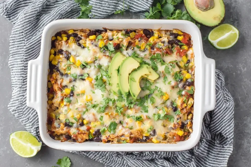 Baked Southwest Chicken Casserole topped with melted cheese, avocado slices, cilantro, corn, and black beans in a white dish.