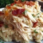 Creamy Dump-and-Bake Chicken Alfredo Rice Casserole topped with crispy bacon and herbs on a plate.