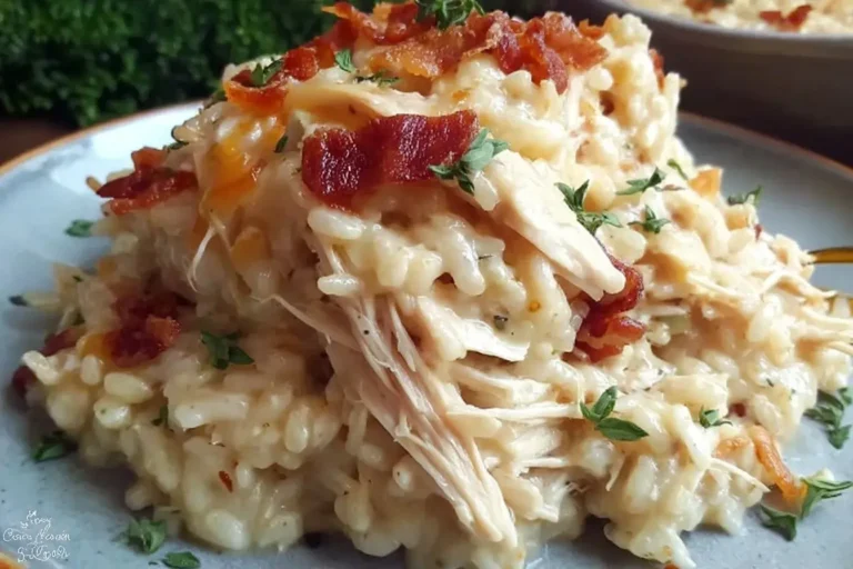 Creamy Dump-and-Bake Chicken Alfredo Rice Casserole topped with crispy bacon and herbs on a plate.
