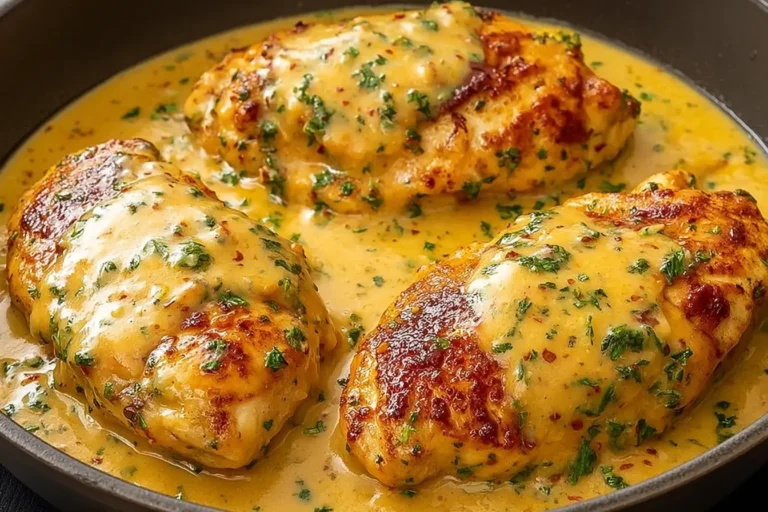 Marry Me Chicken Recipe featuring golden chicken breasts in a creamy sauce with herbs and spices.