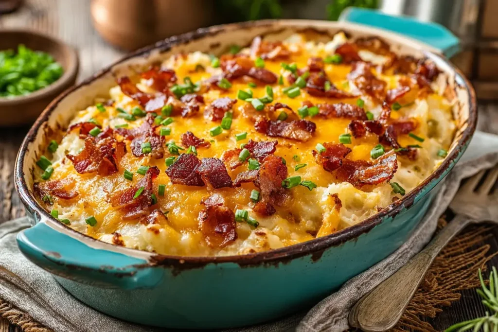 Loaded Potato Ranch Chicken Casserole topped with melted cheddar, crispy bacon, and chopped green onions in a turquoise baking dish.