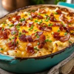 Loaded Potato Ranch Chicken Casserole topped with melted cheddar, crispy bacon, and chopped green onions in a turquoise baking dish.