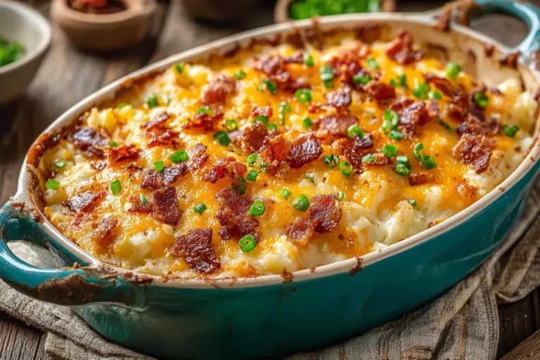 Loaded Potato Ranch Chicken Casserole baked golden brown with melted cheese, crispy bacon, and green onions in a turquoise casserole dish.