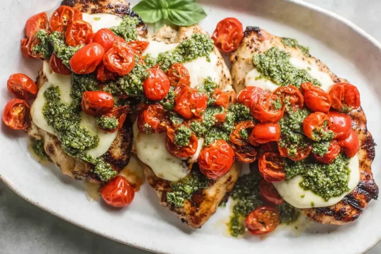 Grilled Chicken Margherita topped with melted mozzarella, cherry tomatoes, and fresh basil pesto on a white platter.